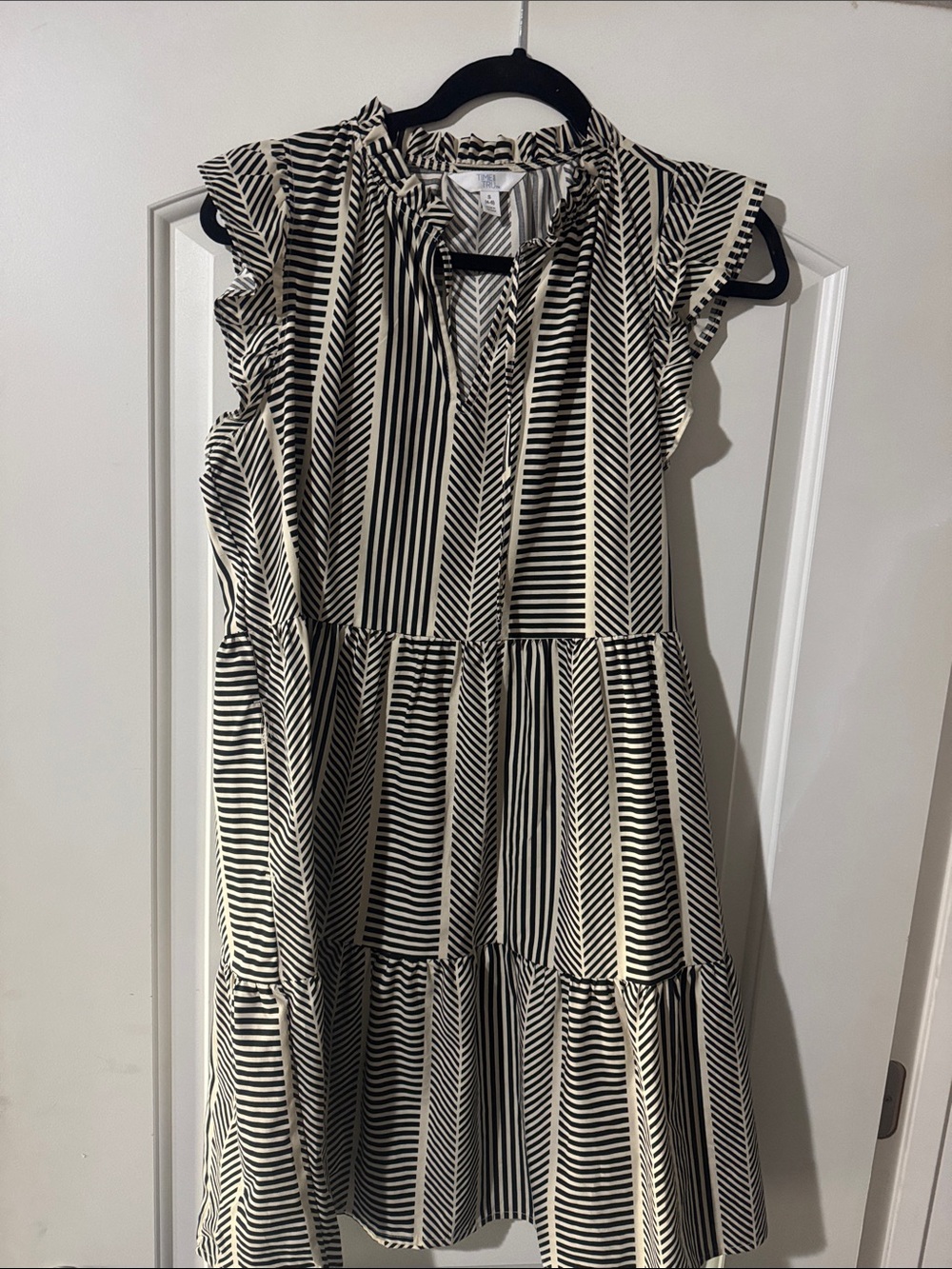 Black & White Striped Ruffle Sleeve Tiered Dress